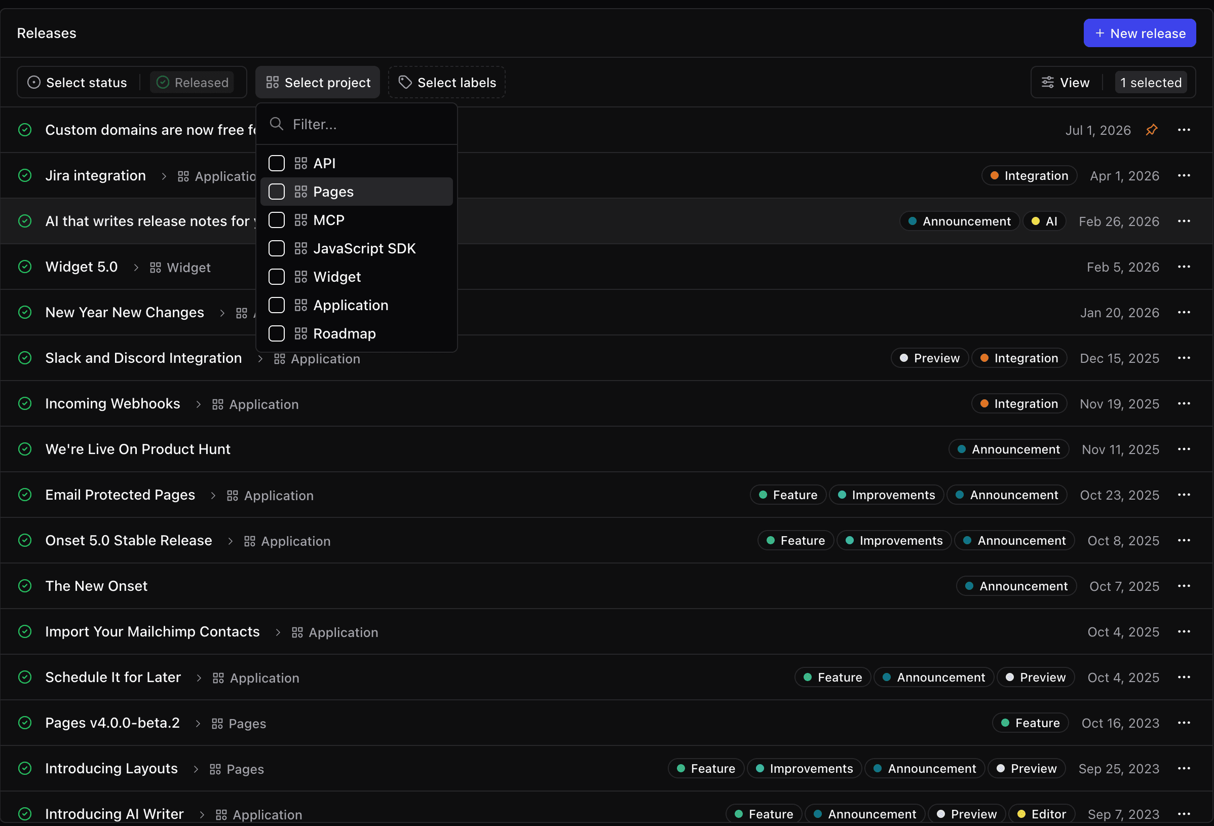A screenshot of the internal release notes page