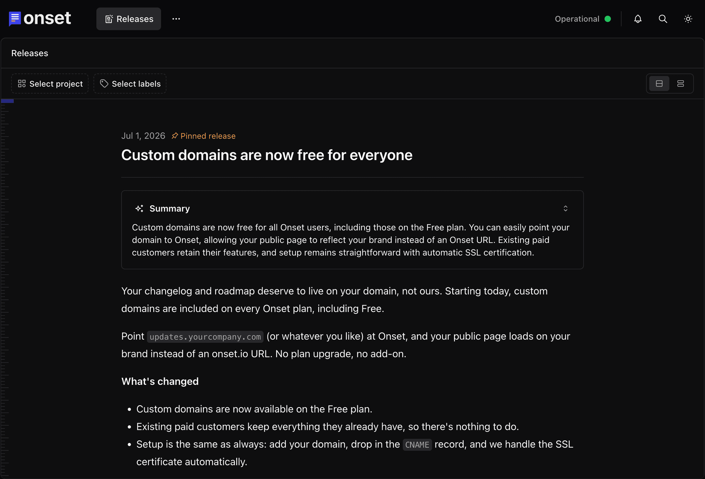 A screenshot of the release notes page