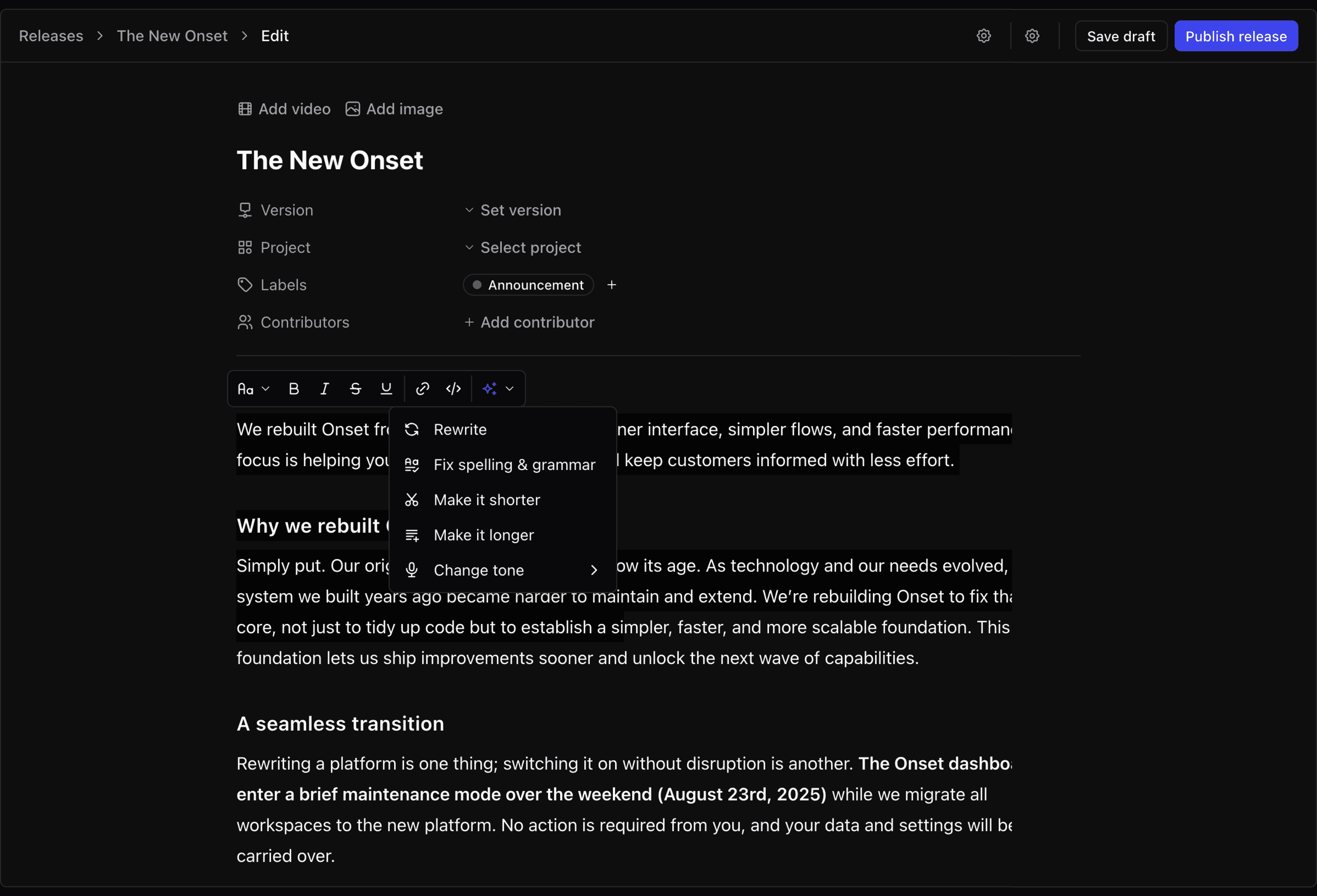 A screenshot of the release write page