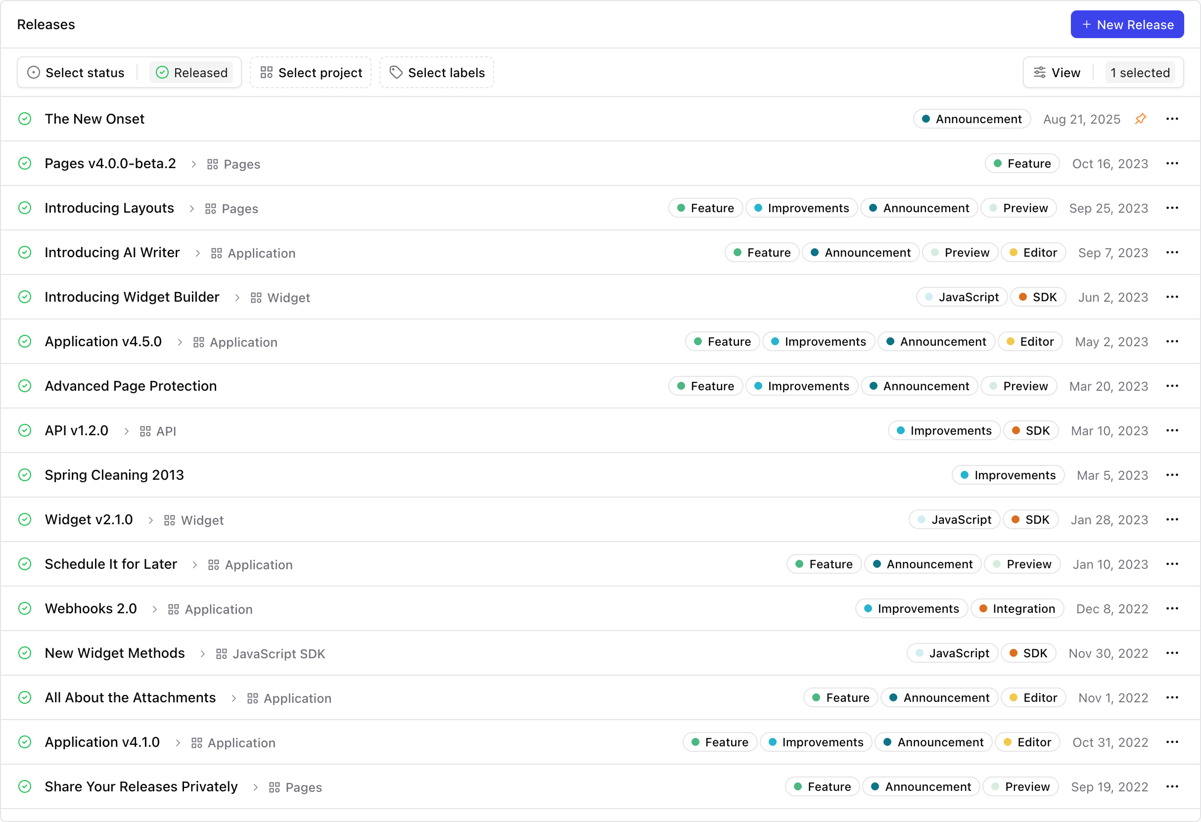 A screenshot of the releases list page